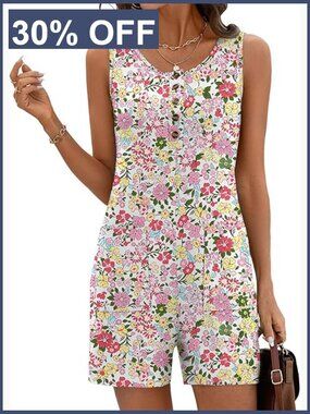 Sleeveless Scoop Neck Button Romper with Pockets